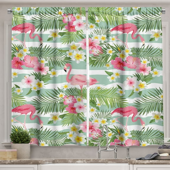 Ambesonne Flamingo Kitchen Curtains, Exotic Hawaiian Leaf, 55"x45", Green Pink White