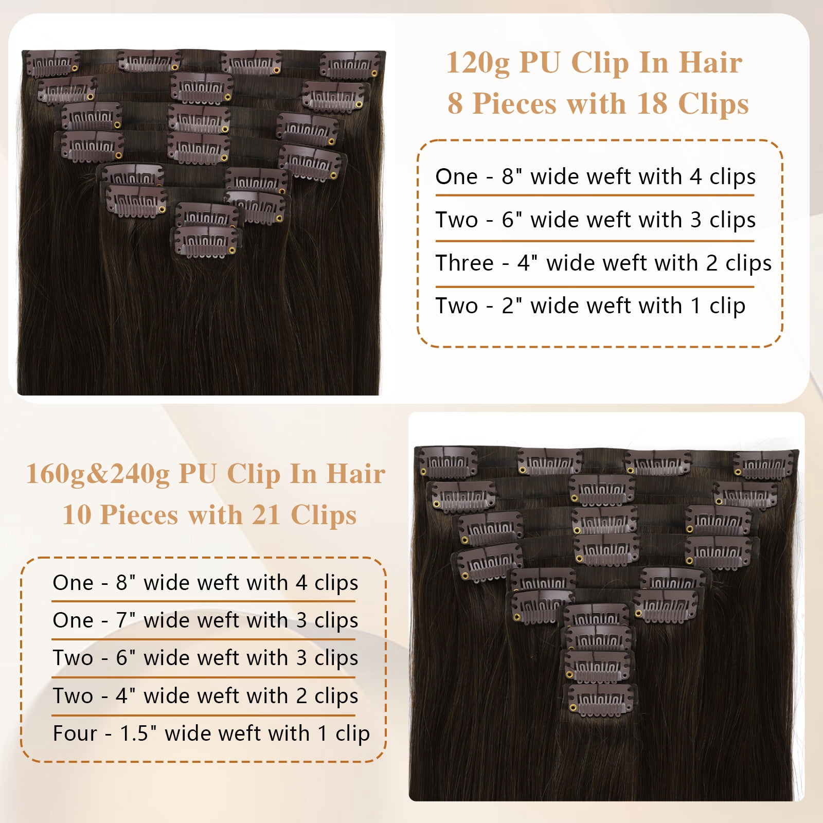 PU Clip In Hair Extensions 2A# 160g 18inch