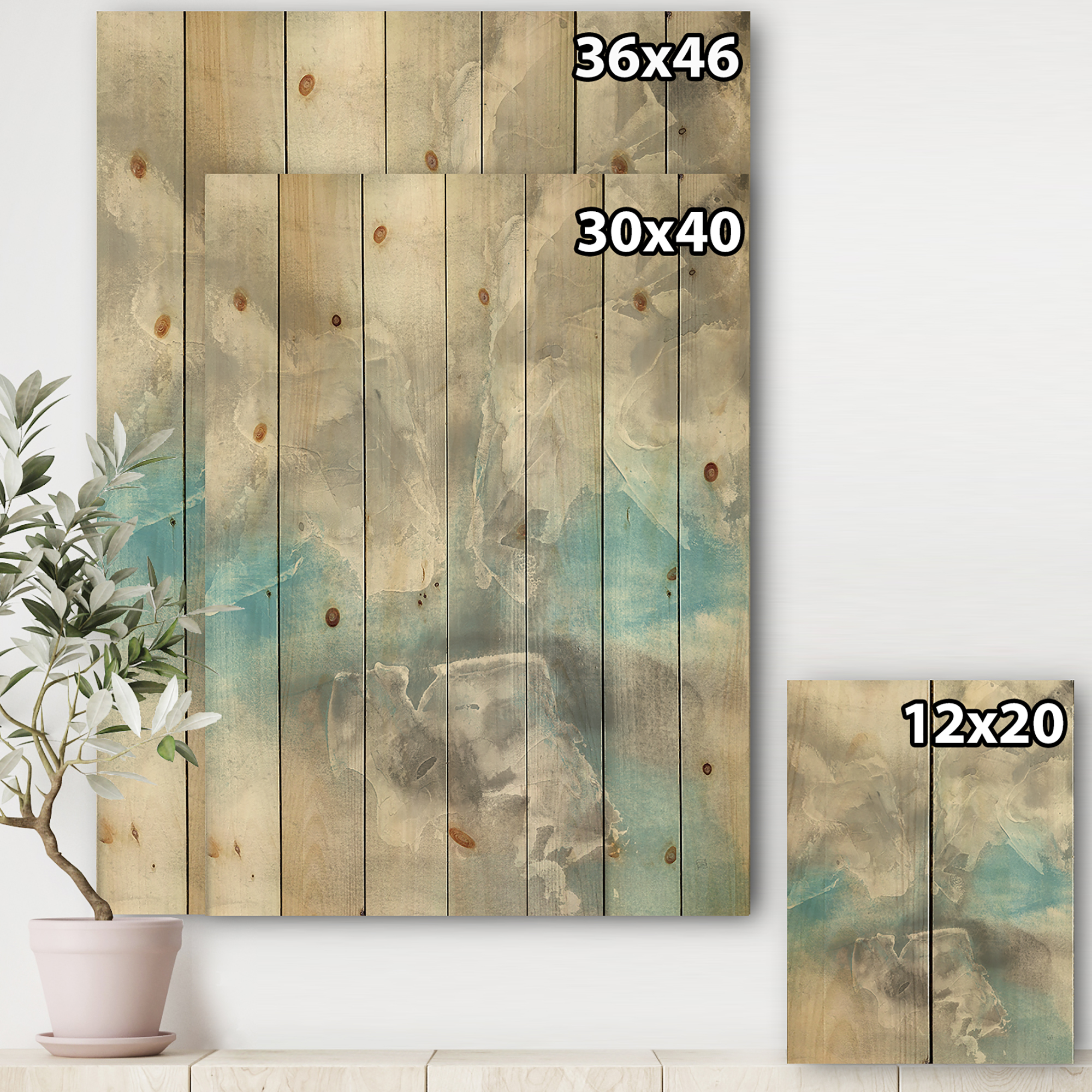 Designart 'Watercolor Minimal Blue Tones I' Mid-Century Modern Print on Natural Pine Wood