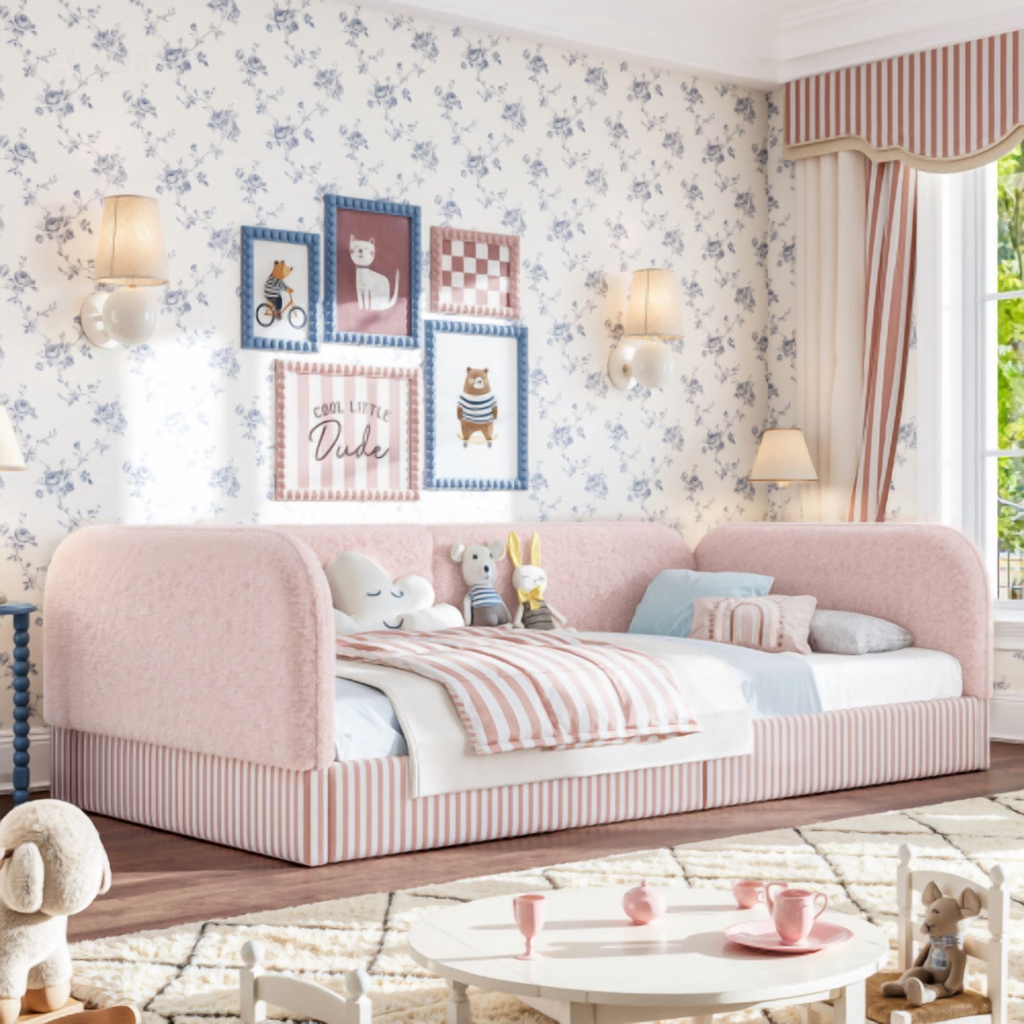 Twin Size Upholstered Teddy Fleece Floor Bed Frame, Half-Enclosed Montessori Low Profile Platform Bed with Full-Perimeter Guardrails for Kids, Pink