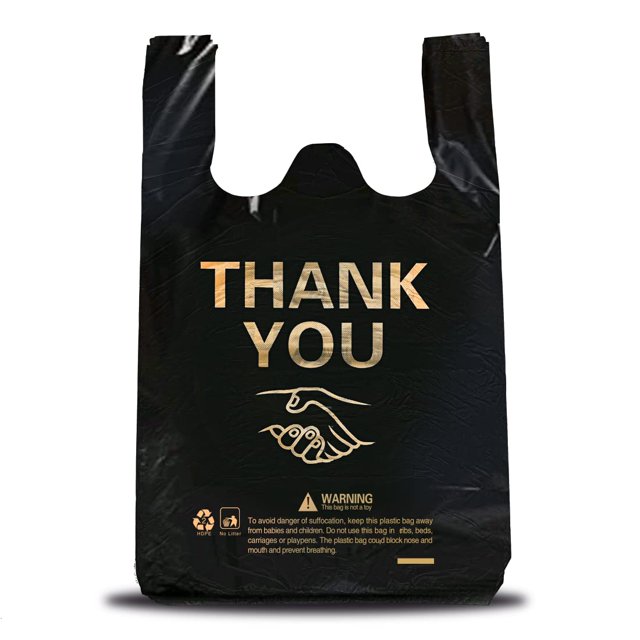 ysmile 150 bolsas de plástico pequeñas de agradecimiento para tiendas de pequeñas empresas, bolsa de compras de plástico desechable con asa, resistente a granel, 7 x 15 pulgadas, color negro