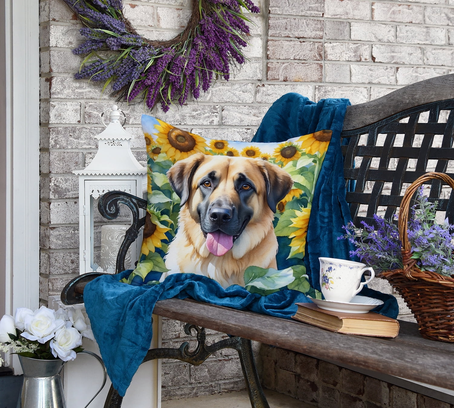 Anatolian Shepherd in Sunflowers Throw Pillow 18 in x 18 in