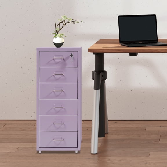 6 Drawer Vertical File Cabinet, Metal Filing Cabinet with Lock, Purple Rolling Storage Tower, for Home Office Letter/A4 Documents, 11" Wide