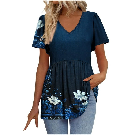 Zuesphe Womens Tunic Tops for Leggings Short Sleeve V Neck Summer Casual Pleated Blouses Flowy T Shirt Floral Summer Tops Basic Pullover