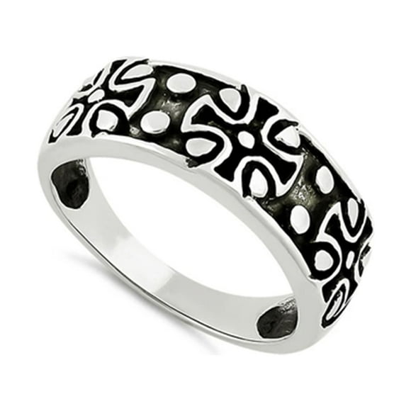 925 Sterling Silver Oxidized Platinum Plated Iron Cross Band Women Ring