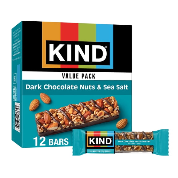 KIND Dark Chocolate Nuts & Sea Salt Bars – 12ct, 1.4 oz Each (16.8 oz Total), 6g Protein, 5g Sugar, Gluten-Free Nut & Chocolate Snack Bars