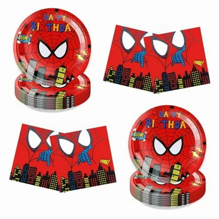 40pcs Spiderman Party Supplies include 20 plates, 20 napkins for the Spiderman Birthday party decoration