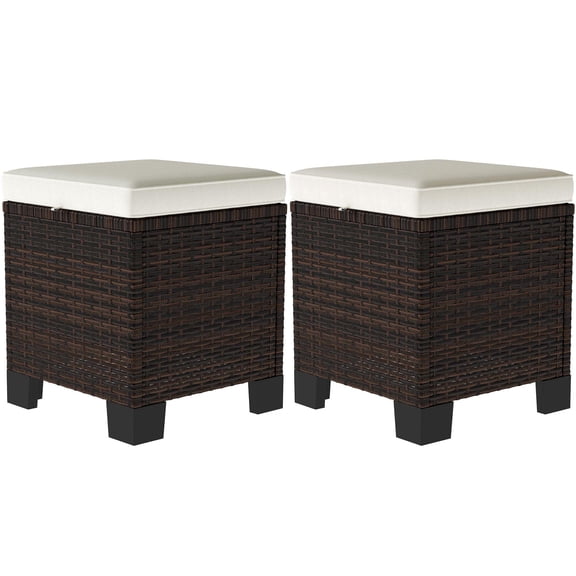 2 Wicker Ottomans with Cushions Rattan Footrest Side Table for Patio Yard Poolside Beige