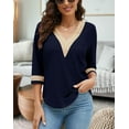 thumbnail image 2 of Women's Casual 3/4 Sleeve Shirts Lace V Neck Color Block Dressy Tops Trendy Hollow Floral Blouses T Shirts S-XXL, 2 of 13