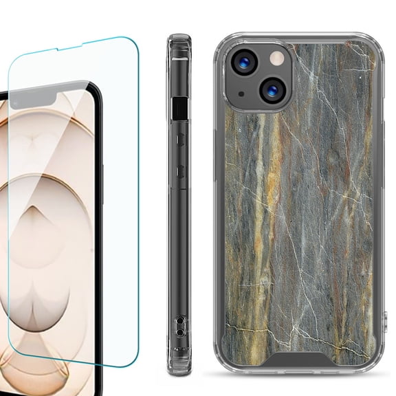 Shockproof Bumper Phone Case for iPhone 13, with Tempered Glass Screen Protector, by OneToughShield ® - Marble/Camo