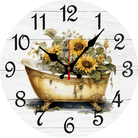 Eveokoki Bathroom Wall Clock Sunflowers Vintage Bathtub Silent Non-Ticking Desk Clock Decorative For Living Room Home Office School Kitchen Wall Decoration Shop Hotel Round 12