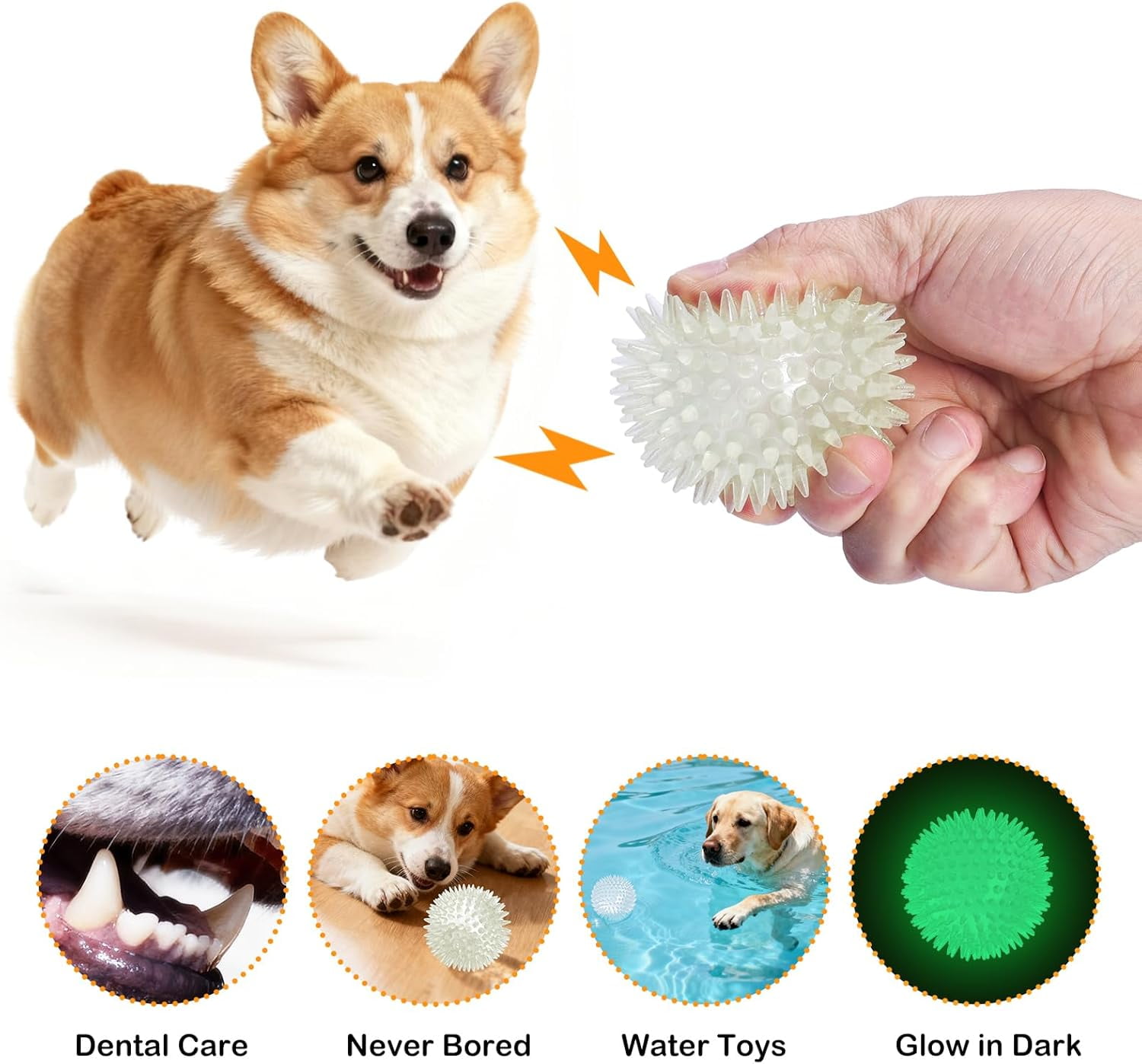 2.5 Inch 6 Pack Glowing Squeaky Ball for Dogs - Durable Rubber Spiky Balls for Small Dog, Bouncy Glow in the Dark Fetching Balls Indoors & Outdoors, Puppy Teething Chew & Training Toys