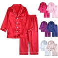 thumbnail image 2 of Penkiiy Boys Girls Satin Pajamas Set, Long Sleeve Silky Button Down Sleepwear Loungewear for Kids Boys Girls Dark Blue Clearance for 8-9 Years, 2 of 9