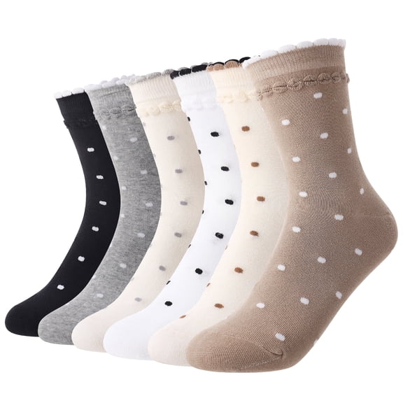 Bocaoying 6 Pairs Women's Crew Socks, Polka Dot Socks for Women, Cotton Retro Cute Casual Socks, Mid Calf Novelty Socks, Breathable Office & Daily Wear, Size 6-12, White/Black/Gray/Beige/Brown