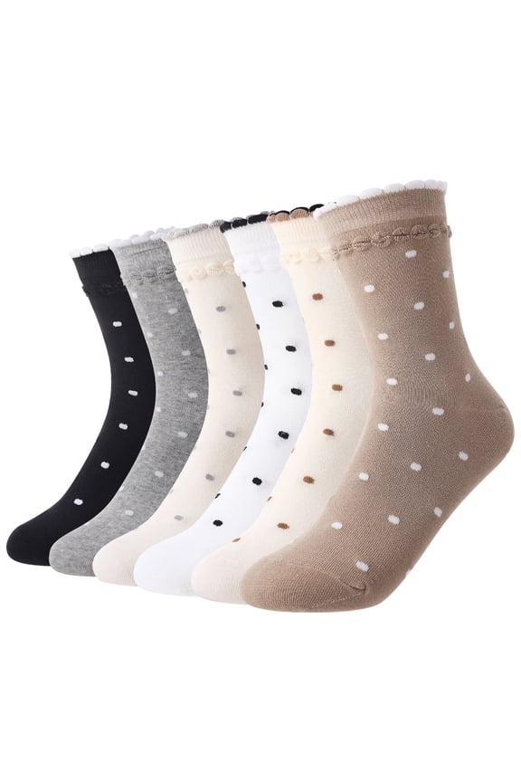 6 Pairs Women's Crew Socks, Polka Dot Socks for Women, Cotton Retro Cute Casual Socks, Mid Calf Novelty Socks, Breathable Office & Daily Wear, Size 6-12, White/Black/Gray/Beige/Brown