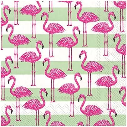 IHR Rosanne Beck Collections Cocktail Beverage Paper Napkins, 20-Count, 5 x 5-Inches, Flamingo Stripe