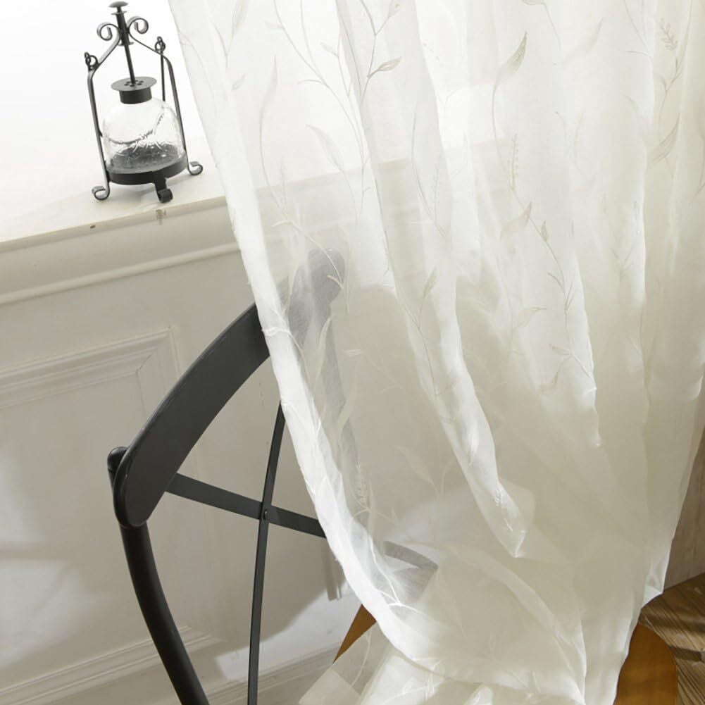 VOGOL Rod Pocket White Embroidered Sheer Curtains, Breathable Voile Drapes Window Treatment for Bedroom Living Room, 52W x 63L inches
