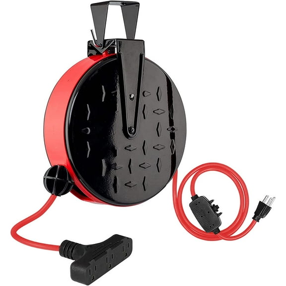 EP 30 Ft 16/3 Retractable Extension Cord Reel, 10 Amp Circuit Breaker, SJTW, Red Power Cord with 3 Electrical Outlets
