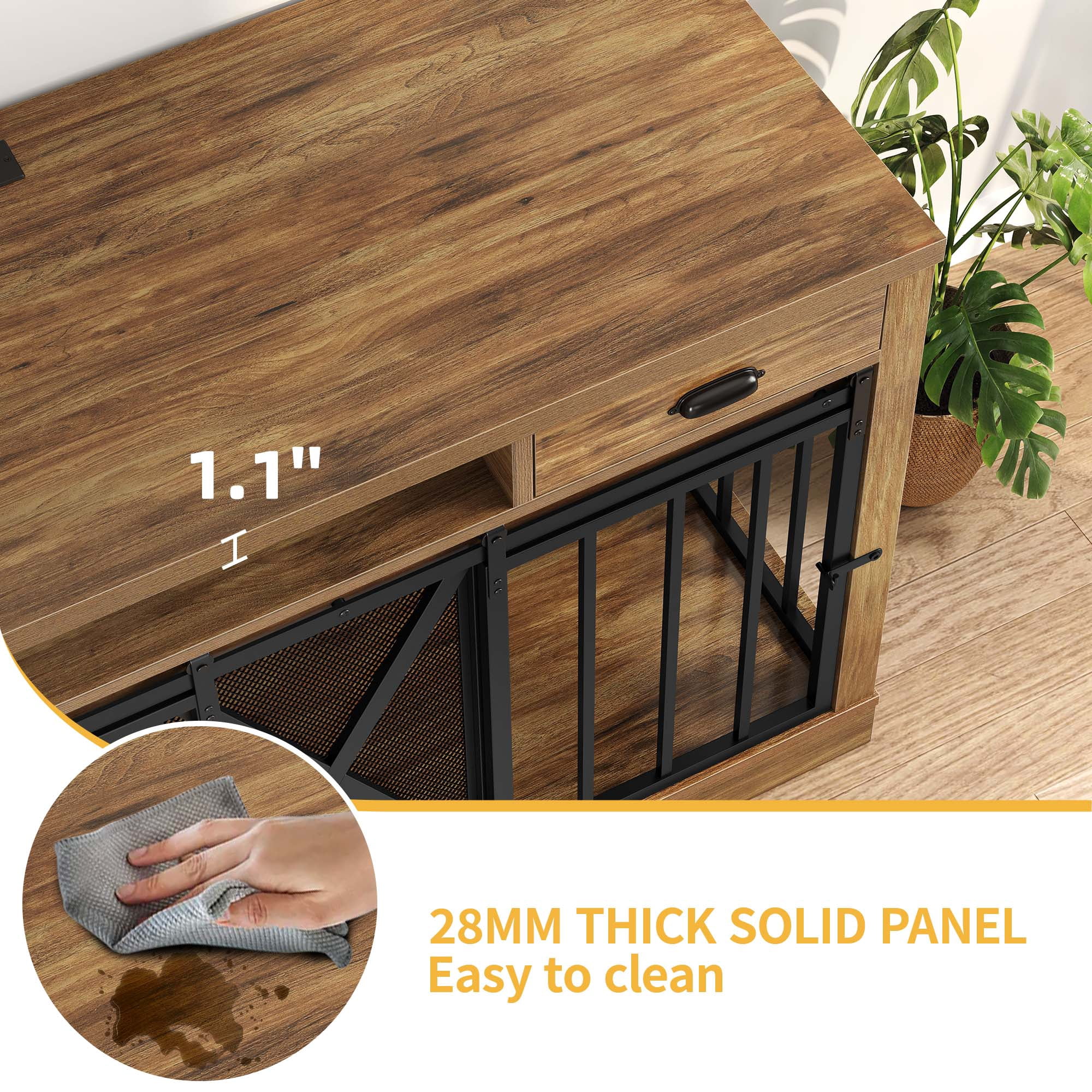 DWVO Large Dog Crate Furniture TV Stand with Charging Station, 63in Rustic Heavy Duty Metal Wooden Dog Crate and Kennel for Small Medium Large Dogs