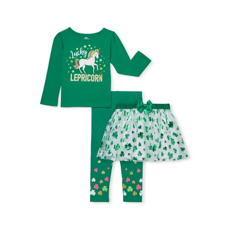 St. Patrick's Day Baby Toddler Girl Long Sleeve T-shirt, Leggings & Tutu Skirt, 3pc Outfit Set