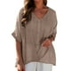thumbnail image 2 of Blusa de manga corta con cuello en V de algodón y lino para mujer - Top informal holgado - Cierre con botones y mangas enrollables para primavera/otoño, 2 of 7