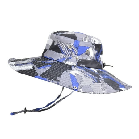 Vinsonshop Camo Safari Hat for Men Wide Brim Sun Protection Bucket Cap Packable Summer Boonie Hats with Chin String Outdoor Fishing Hiking Blue