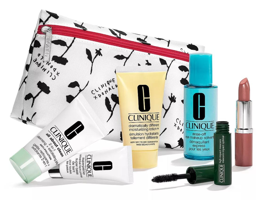 Clinique 7 Gift Set: Dramatically Different Moisturizing Lotion+ 1.7 oz, Eye Makeup Solvent, High Impact Mascara, All About Clean 2-in-1 Cleansing, Pop Lip Lipstick & Makeup Bag - Walmart.com