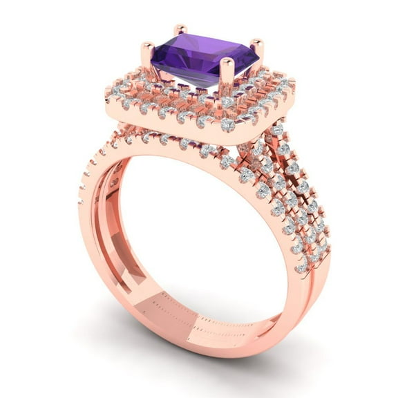3.05ct Brilliant Emerald Cut Natural Amethyst 14K Rose Gold Halo Solitaire with Accents Engagement Bridal Wedding Ring Band Set size 6.25