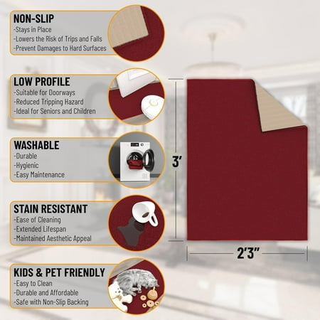 

Solid Design Rubberback Area Rug/Mat 2 3 X 3 Red[3008]