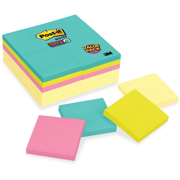 Postit Super Sticky Notes, 3" x 3" Miami Collection, Multicolor, 24