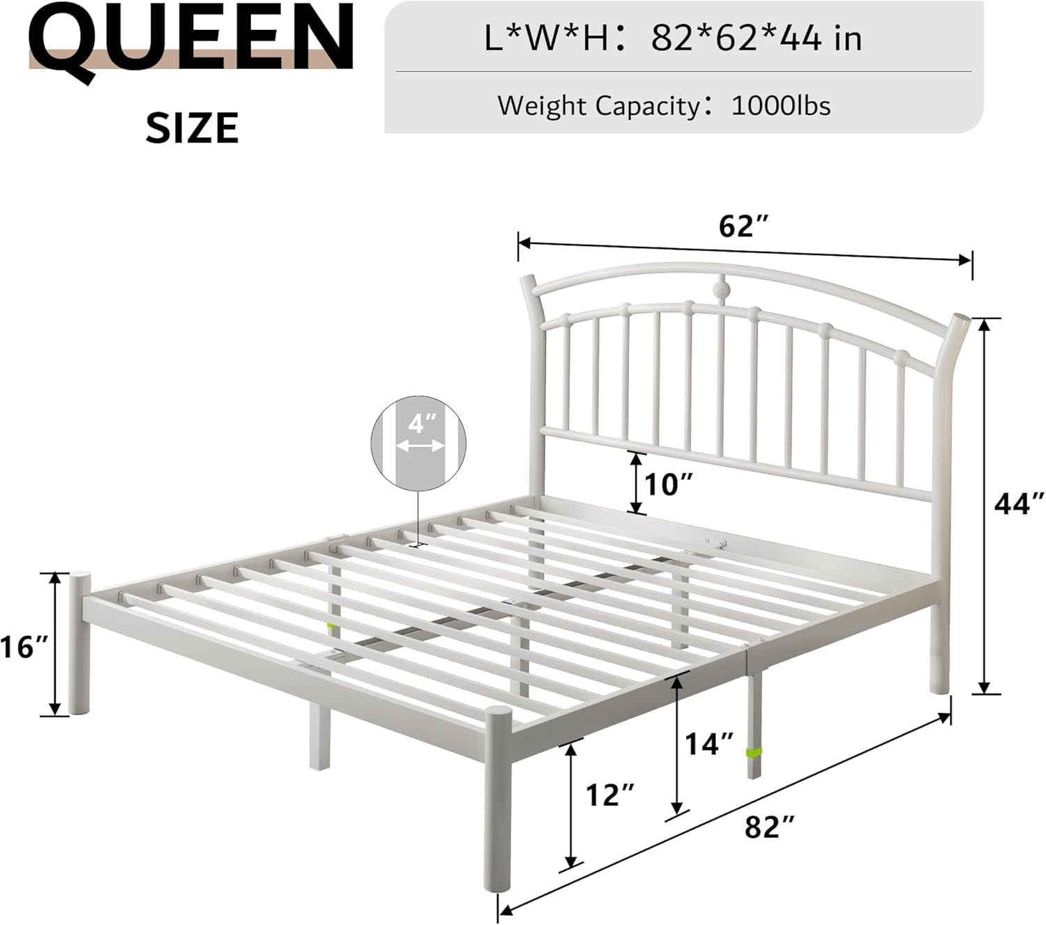 Laisnet Queen Size Bed Frame with Headboard & Footboard, Noise-Free & Under-Bed Storage, Vintage Victorian Metal Platform, White