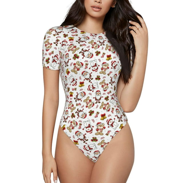 Saiise Père Noël de Noël Motif Bonhomme de Neige Dessin Animé Combinaison à Manches Courtes pour Femmes Col Rond Pyjama Justaucorps Extensible avec Fermeture à Pression-TG