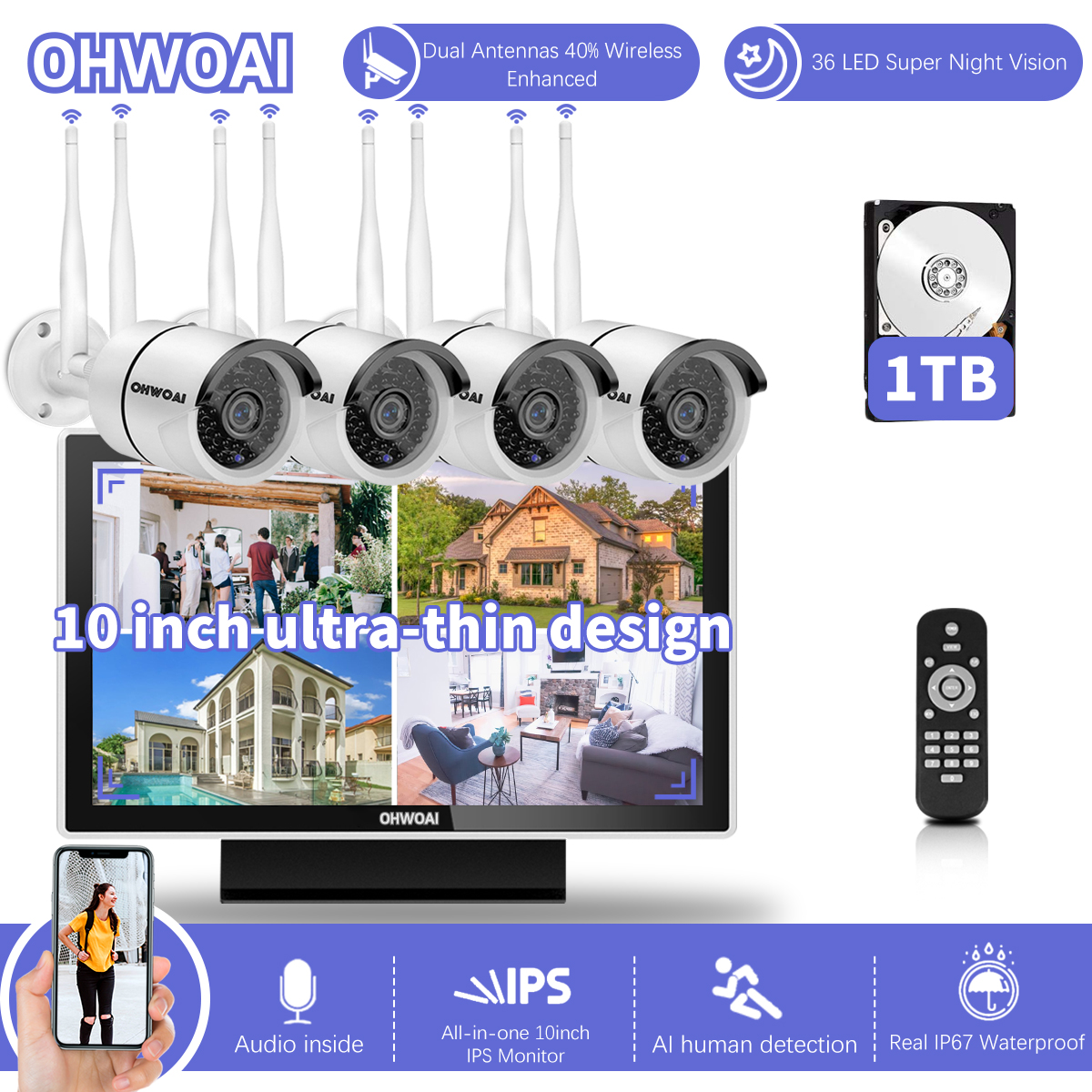 Used 10 Inch Screen 8 Channel 4pcs 1080P 2.0MP Indoor/Outdoor CCTV