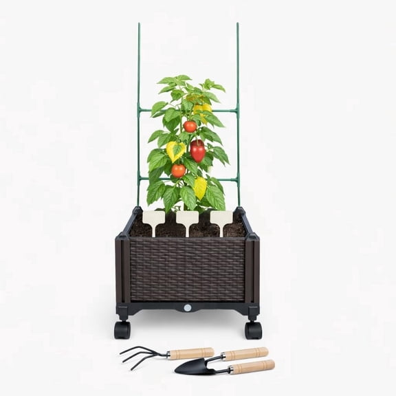 Plastic Raised Garden Box with Wheels and Trellis, Weather-Resistant Planter Box for Herbs & Vegetables, Easy Assembly(11.8 in x 11.8 in)