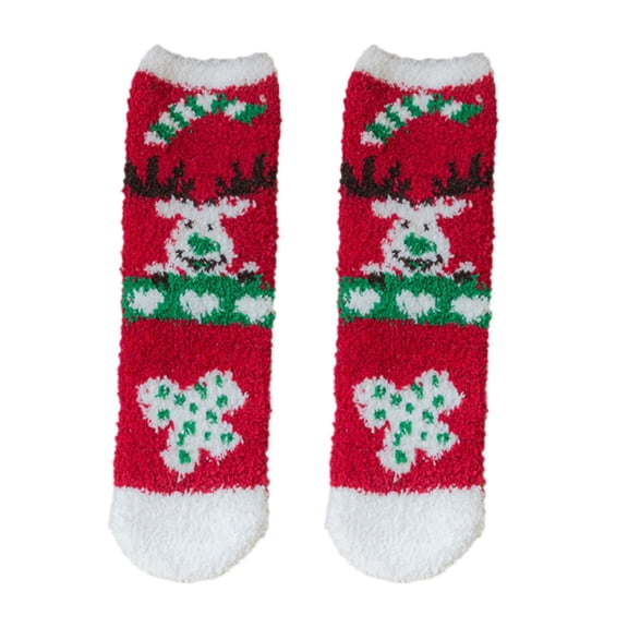 1‑Pair Crew Socks for women Printed Coral‑fleece Indoor Slipper Socks Running Socks Red