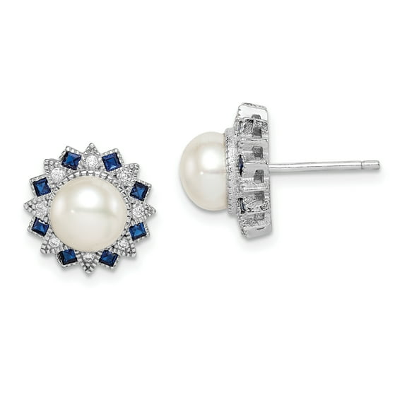 Primal Silver Sterling Silver Rhodium-plated Freshwater Cultured Pearl, Synthetic Blue Spinel and Cubic Zirconia Earrings