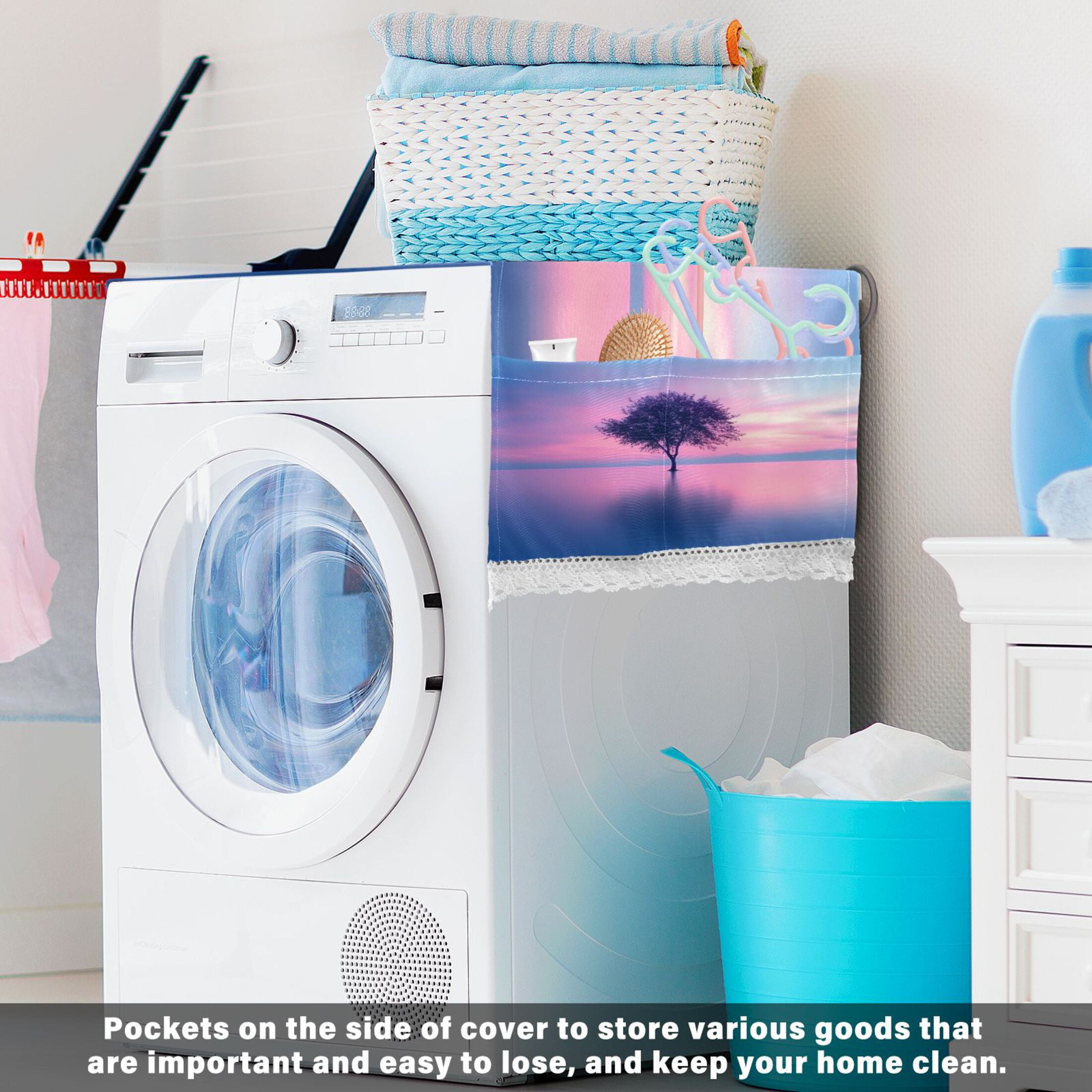 Pink Tree Washer and Dryer Covers Dust-Proof and Oil Resistant Fridge Cover with 4 Storage Pockets Washing Machine Top Cover for Laundry Kitchen Home 51.2 x 22 In