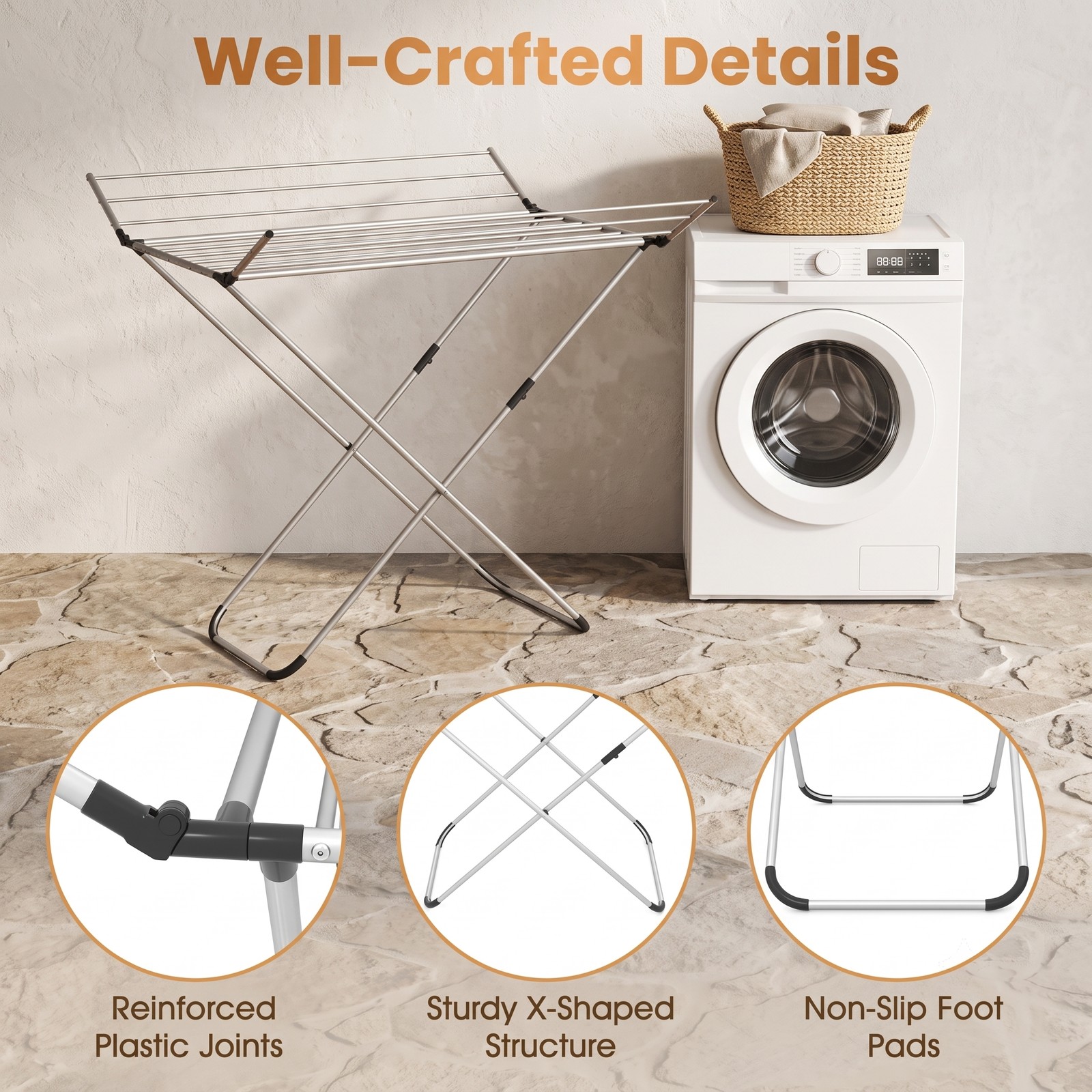 Fenbeli Folding Aluminum Clothes Drying Rack with 2 Side Wings, Rustproof Foldable Laundry Drying Stand for Indoor Outdoor, 60 ft Drying Space, 14 Rods, Silver