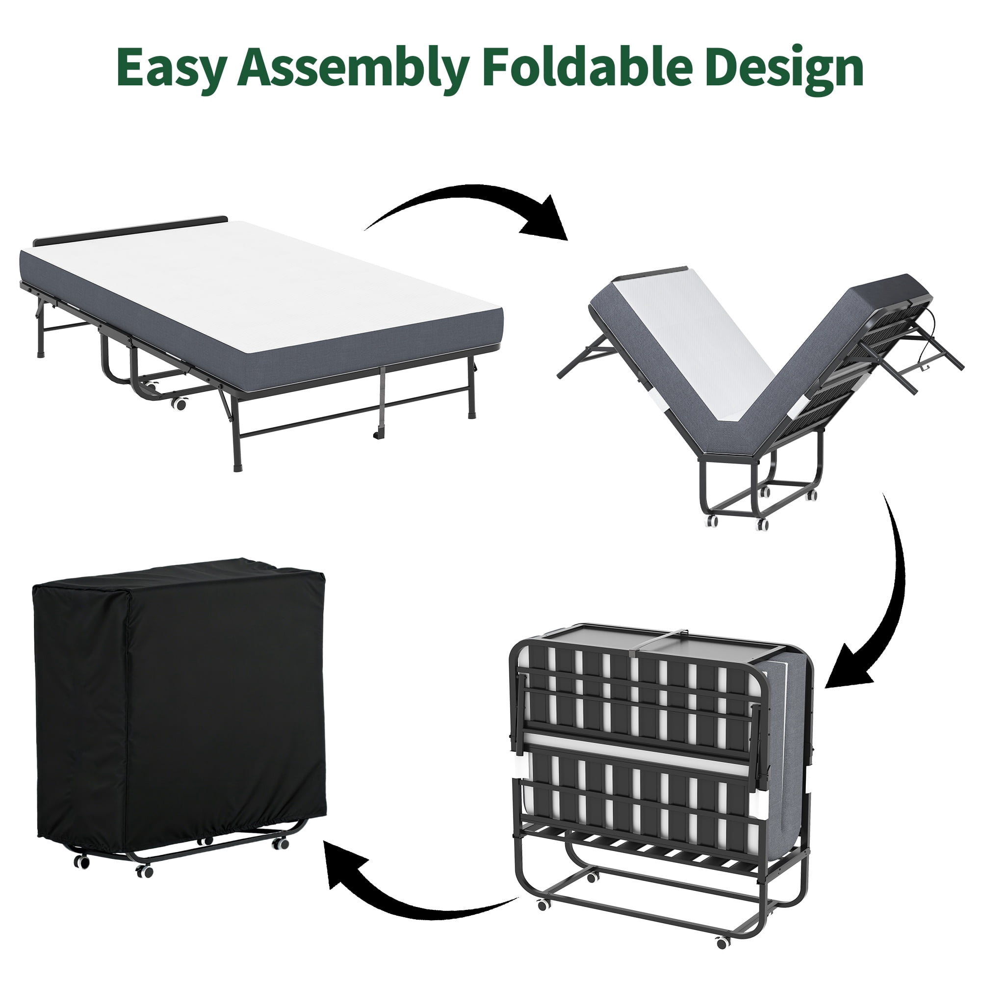 PORKISS Extra Wide Folding Bed with Mattress for Adults, Rollaway Guest Bed with 5" Memory Foam Mattress, Portable Foldable Bed with Locking Wheels, Space Saving Guest Bed, 74.8"x 45.6" + Headboard