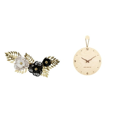 CoudarTitie Nordic Metal Wall Art Sculpture with Flower Leaves and Wood Clock Minimalist Modern Decorative Hanging Ornament for Dining Room Bedroom Office Home