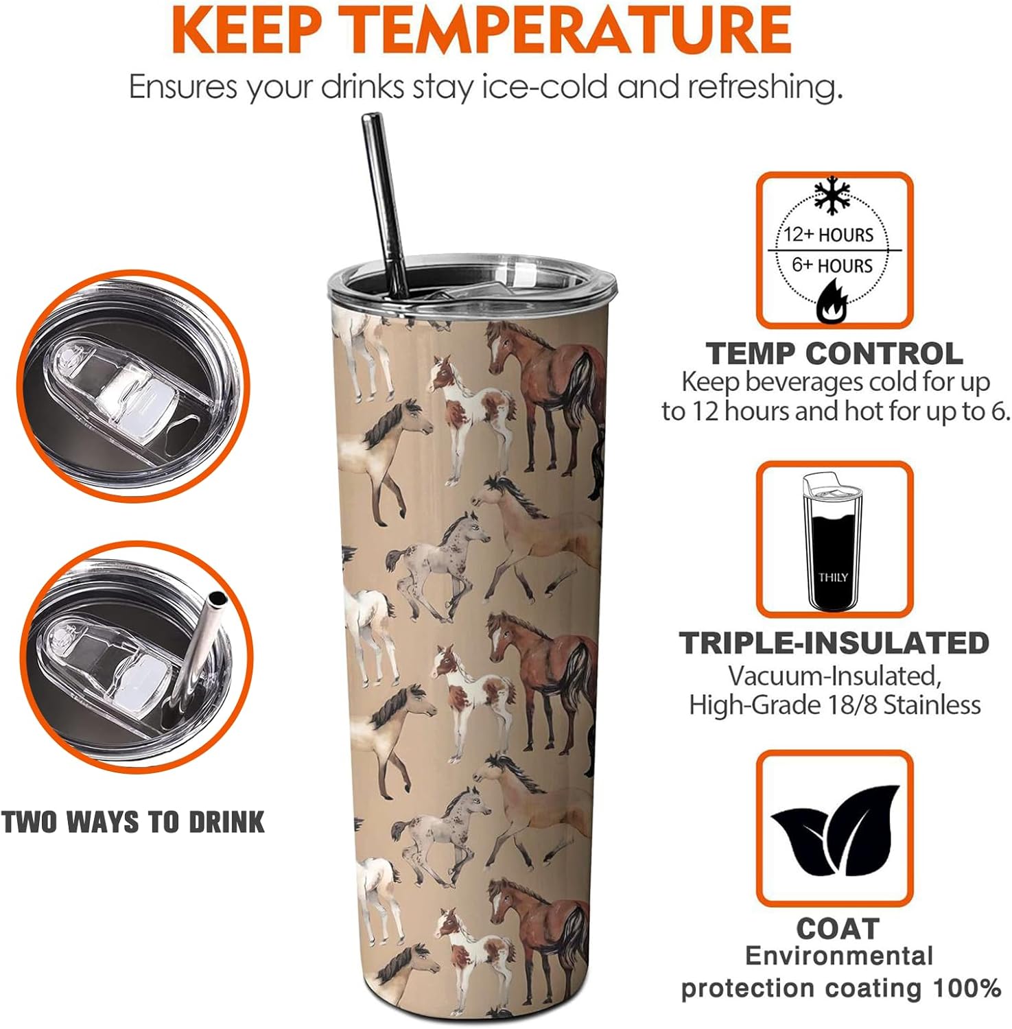Horse Lover Insulated Tumbler with Straw and Lid - 20 oz Stainless Steel Travel Mug, Leak-Proof Coffee Cup & Water Bottle, Gift for Women Equestrian