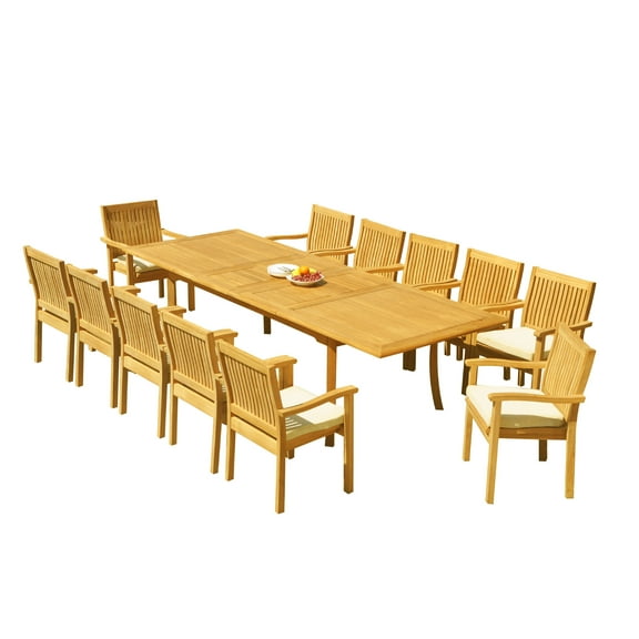 Grade-A Teak Dining Set: 12 Seater 13 Pc: 118" Rectangle Table And 12 Leveb Stacking Arm Chairs Outdoor Patio WholesaleTeak #51LV2413