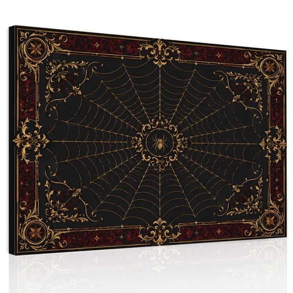 Gold Spiders Canvas Print Wall Art, Vintage Brown Gold Web Insects Red Damask Border Wall Decor Framed Artwork Paintings Pictures for Living Room Bedroom Stretched Ready to Hang, 24" x 32"