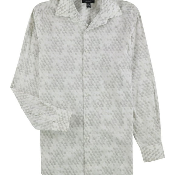Alfani Mens Athletic Geo Button Down Dress Shirt, White, 14"-14.5" Neck 32"-33" Sleeve