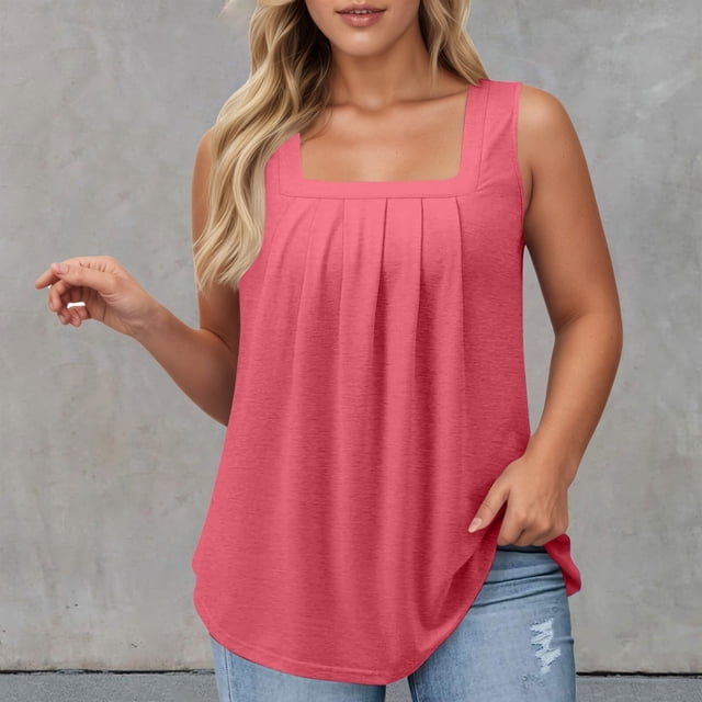 Women's Casual Square Neck Tank Top Pure Color Ruffle Detail Blouse for Spring Summer Daily Wear with Jeans Workout Set Fitted T Shirt Atmosphere Top Cleavage Cover plus Size Camisole Petite 3