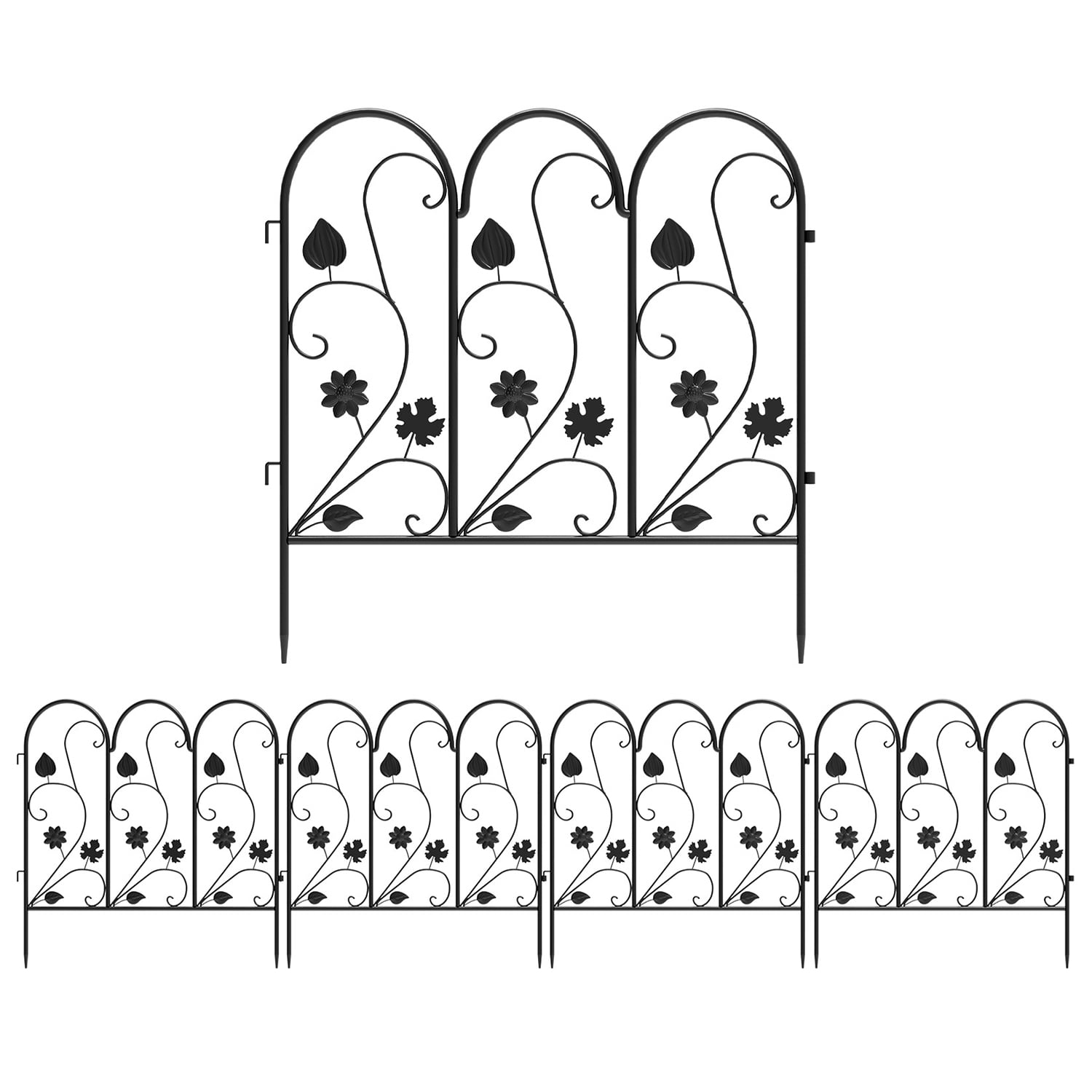Wisfor 5 Panels Decorative Garden Fence Rustproof Black Metal Animal Barrier, 23.4x24.3 inch