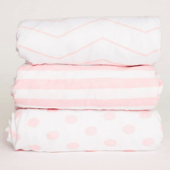 NODNAL CO. Pink and White Cotton Playard/Portable Crib/Mini Crib Fitted Sheet Set, 100% OEKO-TEX Cotton, 3 Pieces, for Baby Girl Infant/Toddler Nursery Bedding