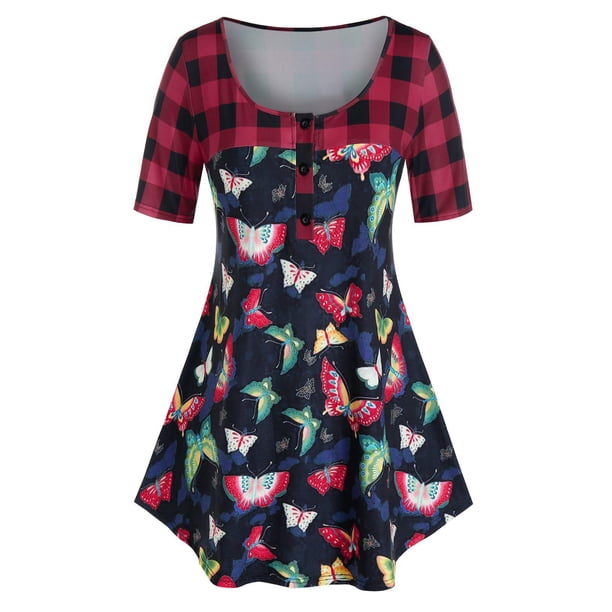 Plus tamaño de impresión de la mariposa de la tela escocesa camiseta Rosegal Camisetas tallas grandes
