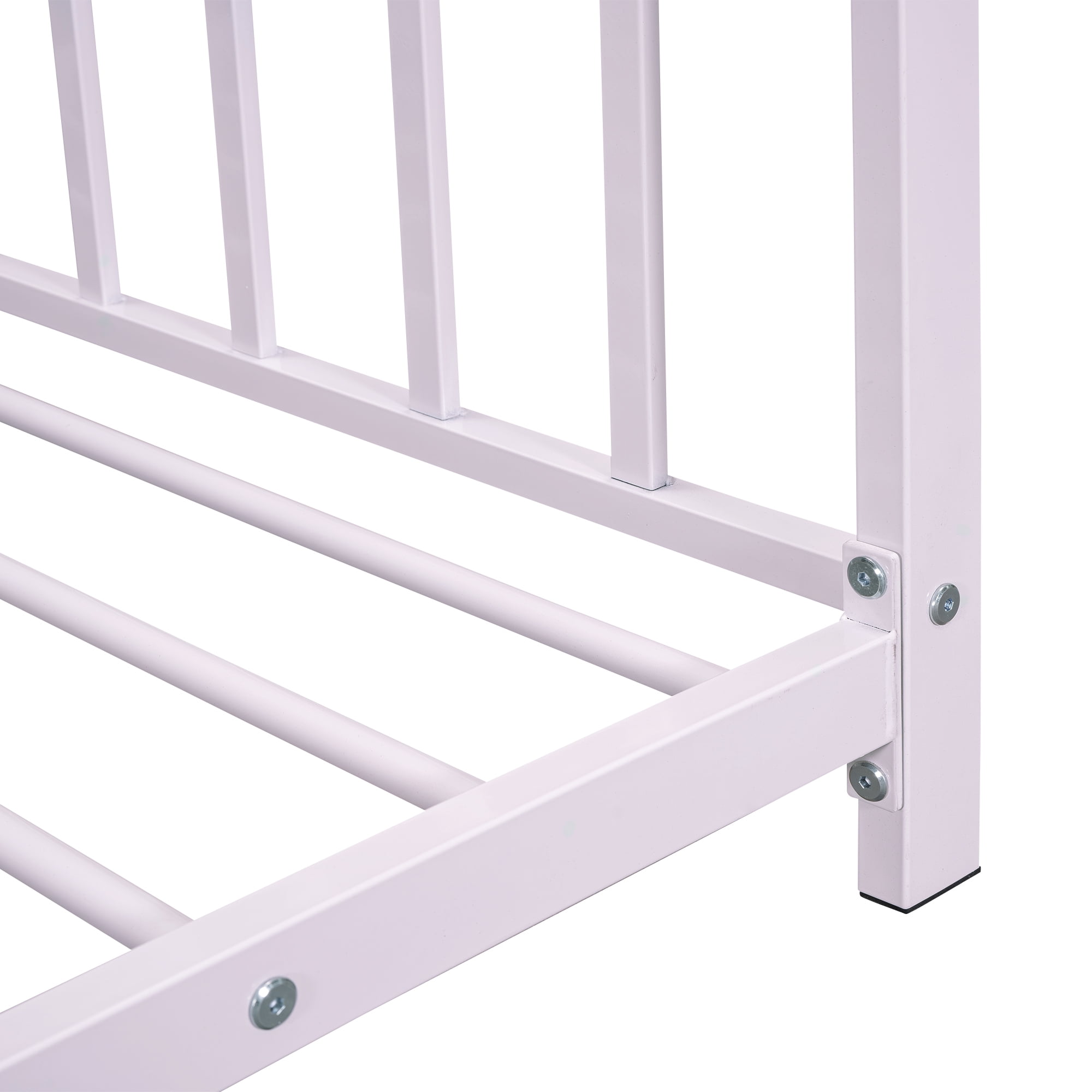 Kumix Twin Size House Floor Bed, Metal Floor Bed with Fence and Roof, House Bed for Teens, Playhouse Twin Bed Frame for Girls, Boys, Pink(Without Slats)