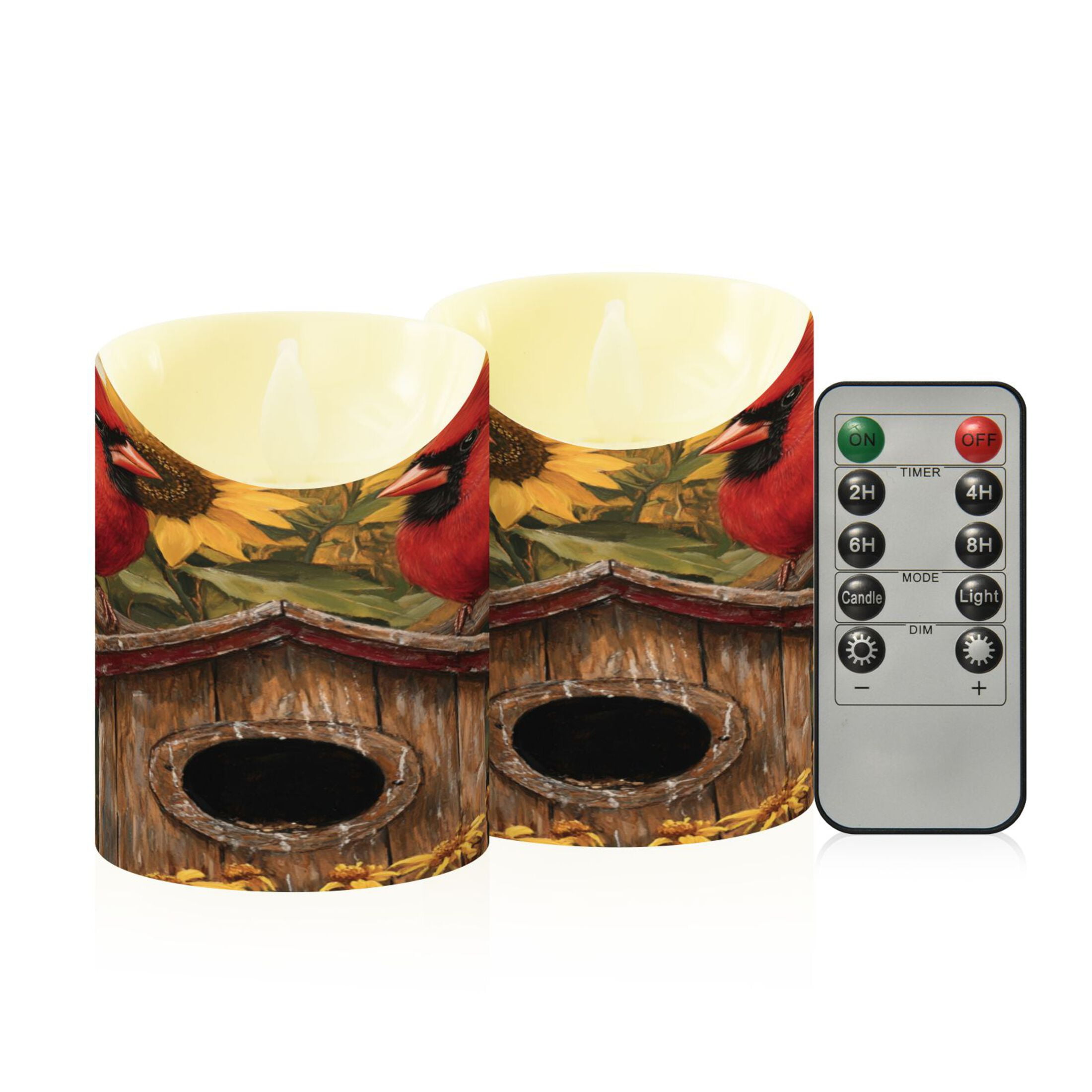 Wobogo Summer Sunflowers Cardinal Bird Flameless Candles with Remote Battery Operated Flickering LED Candles with Timer 2/4/6/8H Medium Size